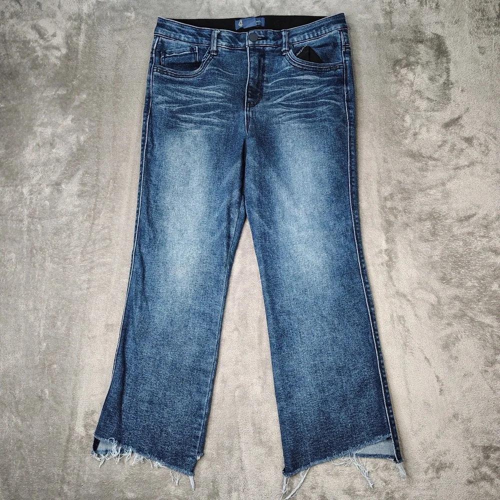 Democracy Jeans Womens 10 Blue Flare Leg AB Solution Medium Wash Stretch Denim‎